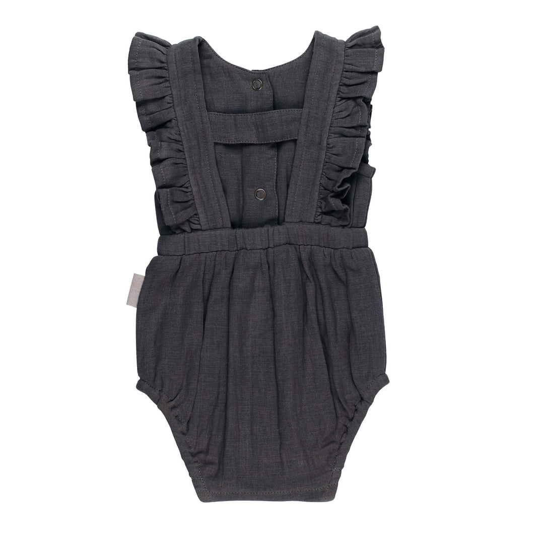 Back view of Organic Muslin Ruffle Bodysuit in Chia Seed, a dark gray color.