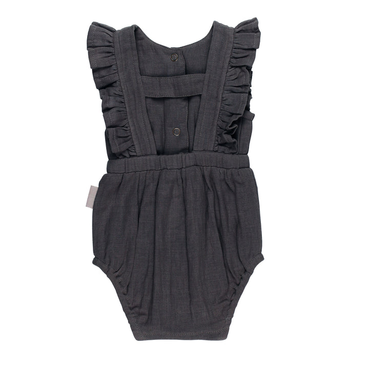 Back view of Organic Muslin Ruffle Bodysuit in Chia Seed, a dark gray color.