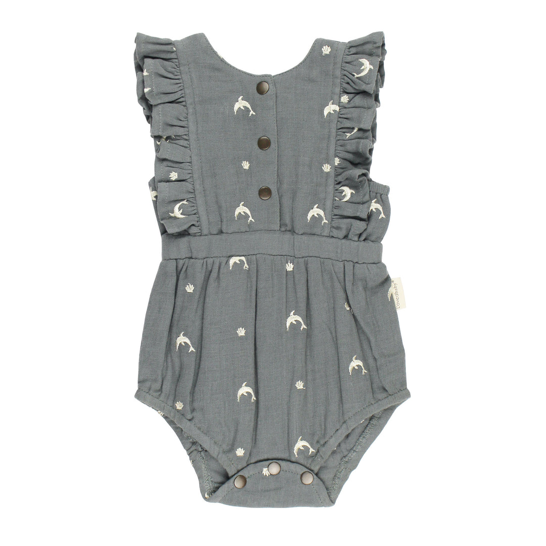 Organic Muslin Ruffle Bodysuit in Moonstone Dolphin.