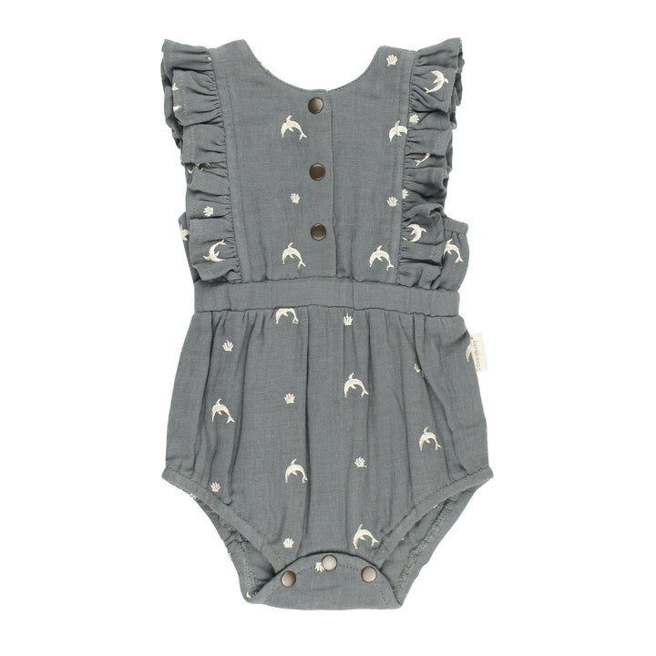 Organic Muslin Ruffle Bodysuit in Moonstone Dolphin.