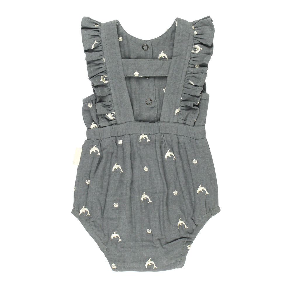 Back view of Organic Muslin Ruffle Bodysuit in Moonstone Dolphin.