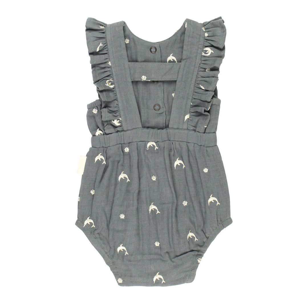 Back view of Organic Muslin Ruffle Bodysuit in Moonstone Dolphin.