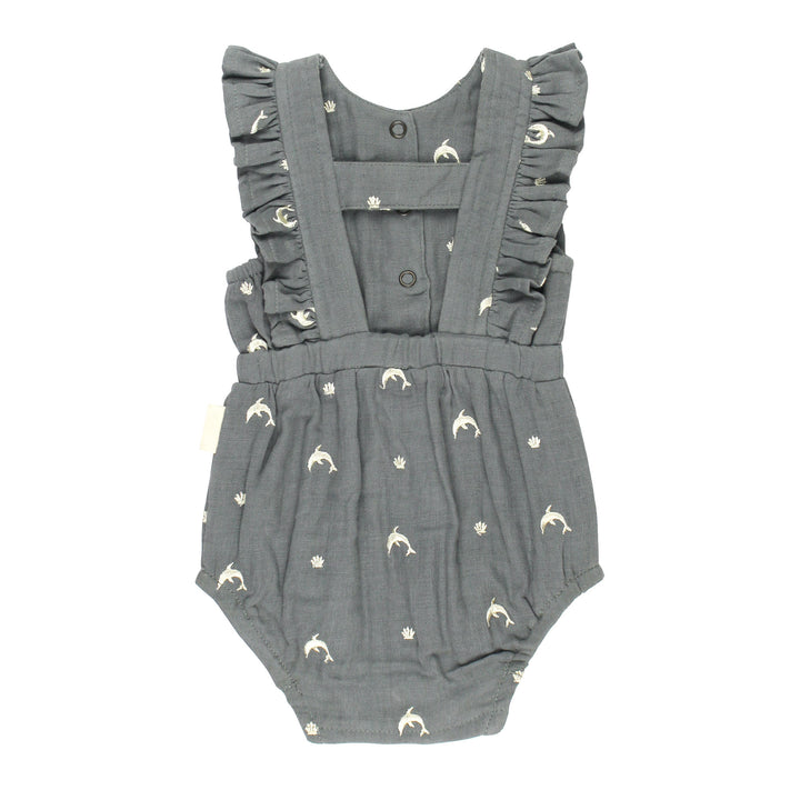 Back view of Organic Muslin Ruffle Bodysuit in Moonstone Dolphin.