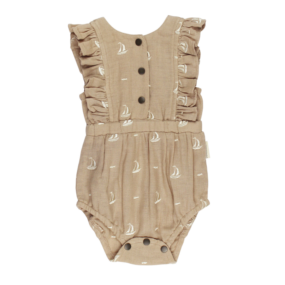 Organic Muslin Ruffle Bodysuit in Oatmeal Sailboat.