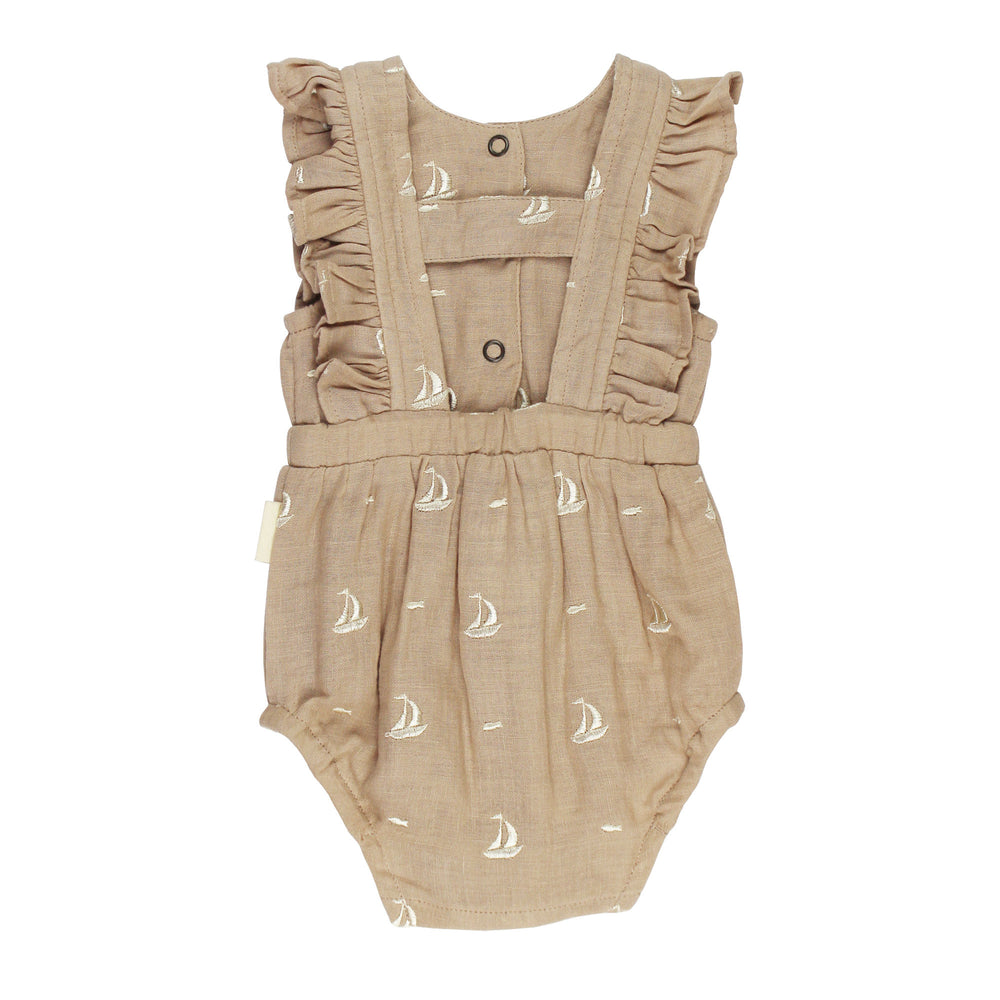 Back view of Organic Muslin Ruffle Bodysuit in Oatmeal Sailboat.