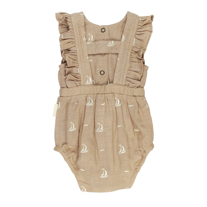 Back view of Organic Muslin Ruffle Bodysuit in Oatmeal Sailboat.