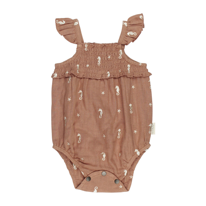 Organic Muslin Sleeveless Bodysuit in Adobe Seahorse.