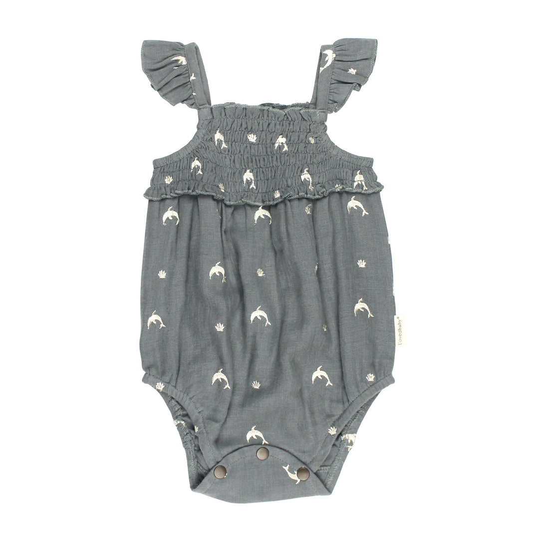 Organic Muslin Sleeveless Bodysuit in Moonstone Dolphin.