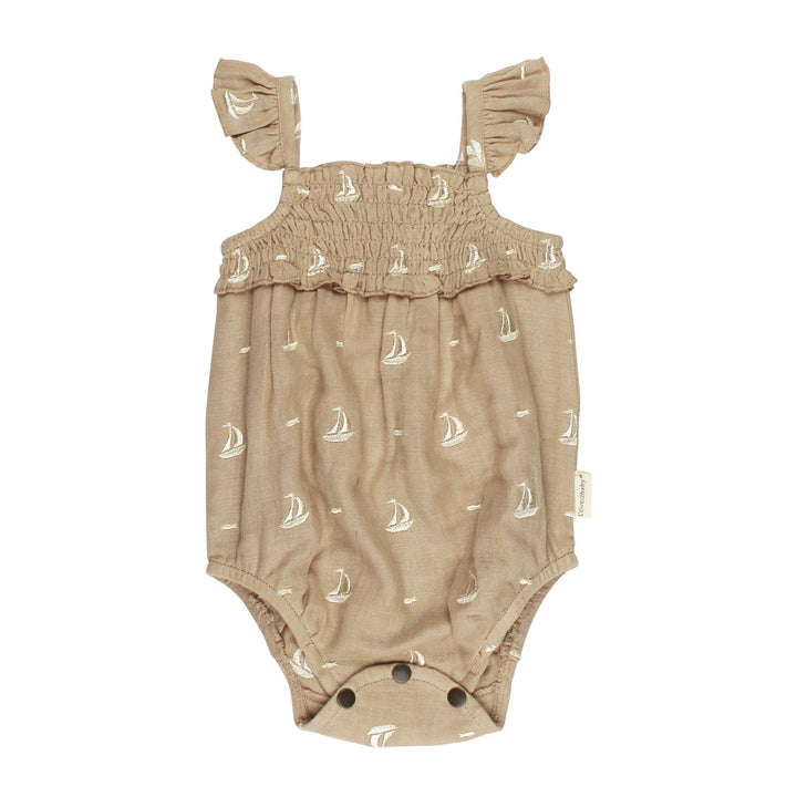 Organic Muslin Sleeveless Bodysuit in Oatmeal Sailboat.