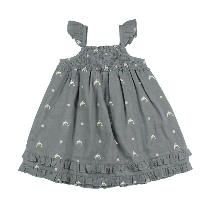 Organic Muslin Summer Dress in Moonstone Dolphin.