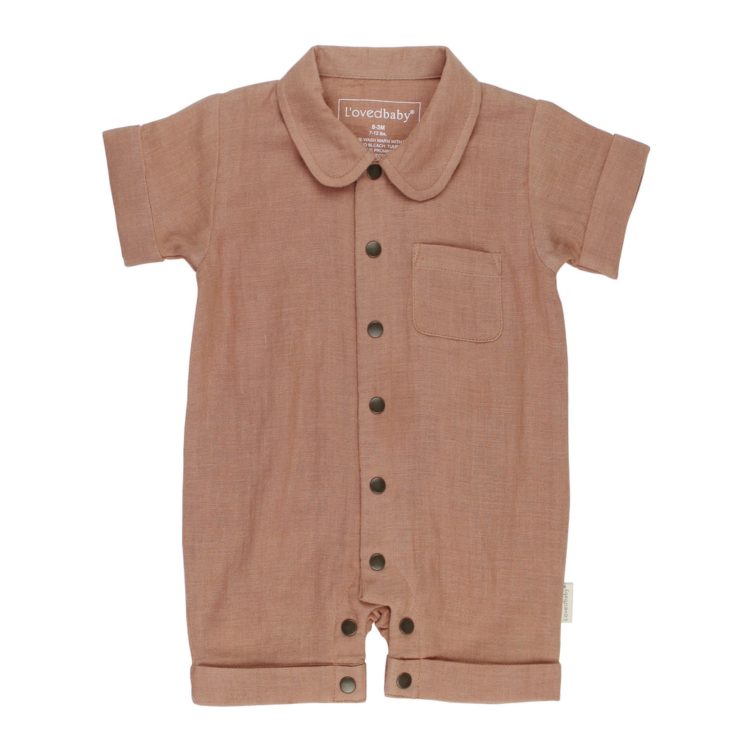Organic Muslin S/Sleeve Coverall in Adobe, a tan clay color.
