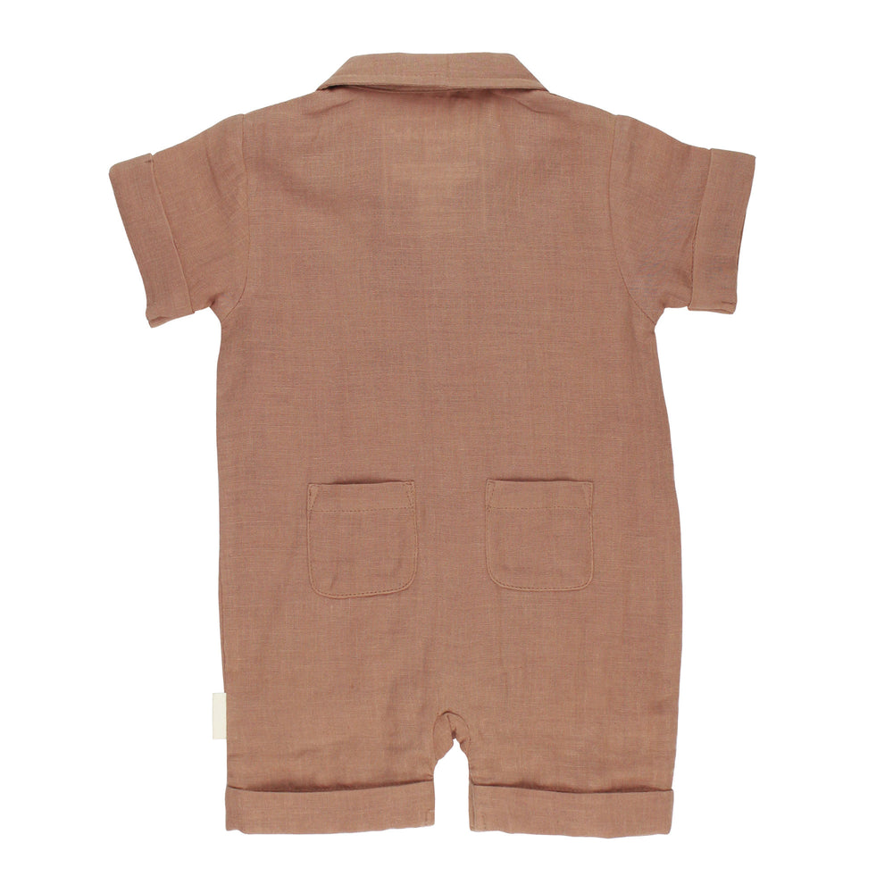 Back view of Organic Muslin S/Sleeve Coverall in Adobe, a tan clay color.