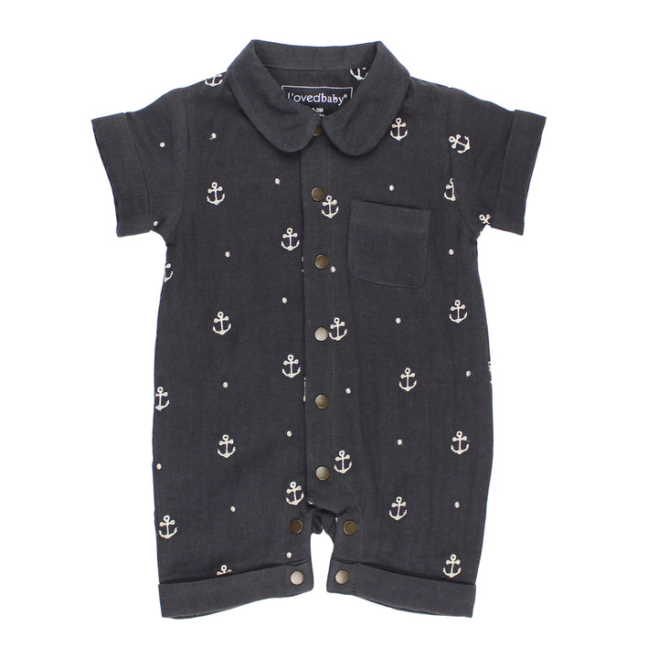 Organic Muslin S/Sleeve Coverall in Chia Anchor.