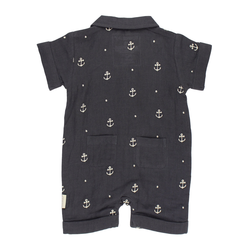 Back view of Organic Muslin S/Sleeve Coverall in Chia Anchor.