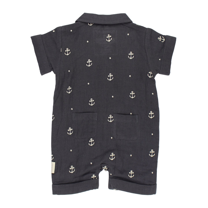 Back view of Organic Muslin S/Sleeve Coverall in Chia Anchor.