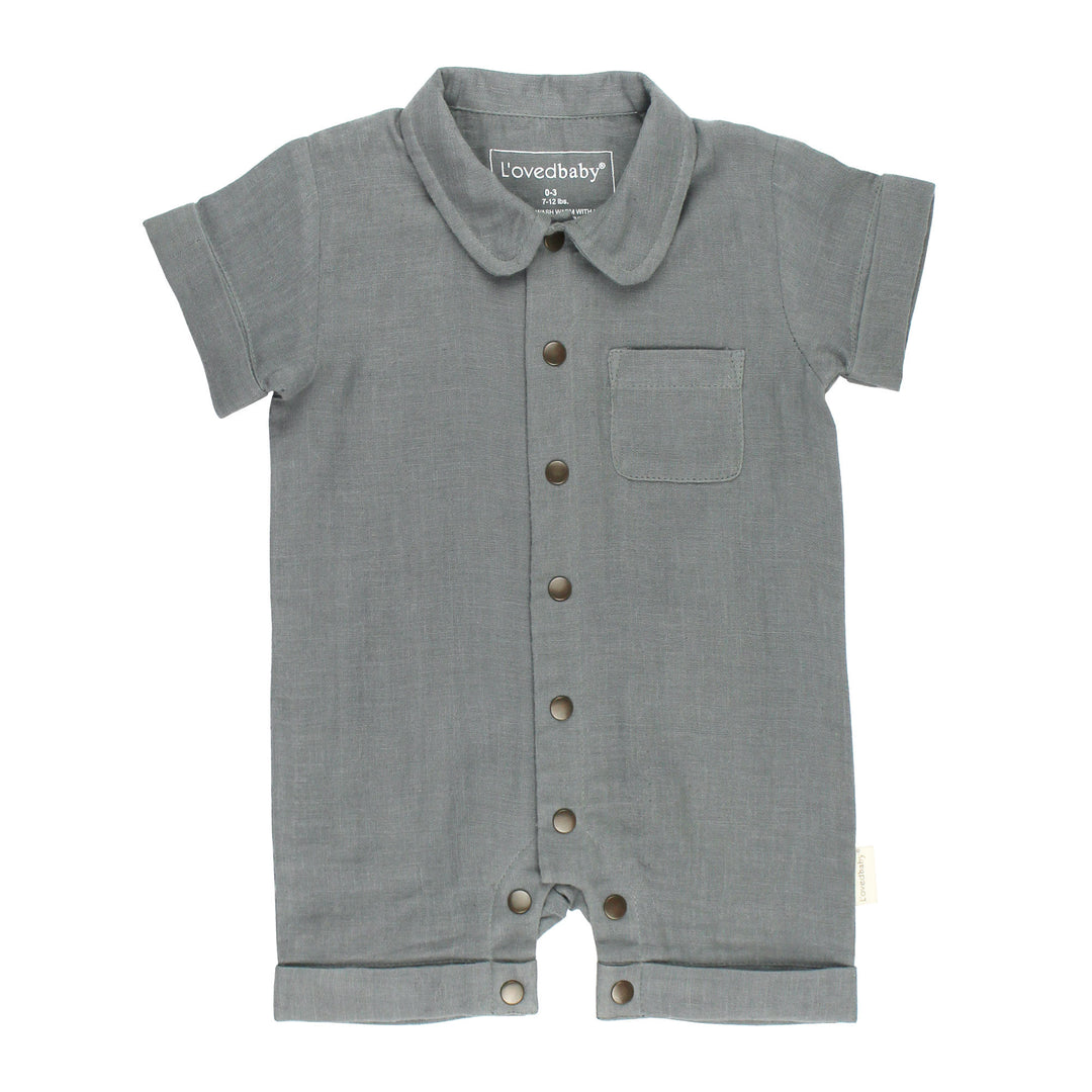 Organic Muslin S/Sleeve Coverall in Moonstone, a gray blue color.