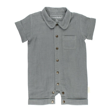 Organic Muslin S/Sleeve Coverall in Moonstone, a gray blue color.