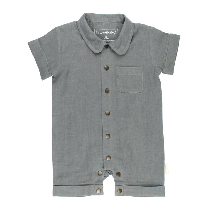 Organic Muslin S/Sleeve Coverall in Moonstone, a gray blue color.