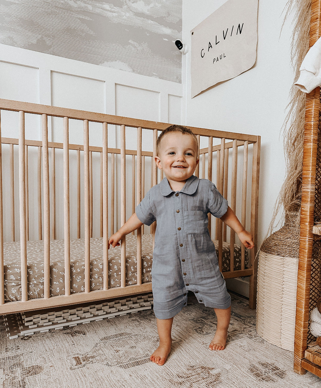 Child wearing Organic Muslin S/Sleeve Coverall in Moonstone.