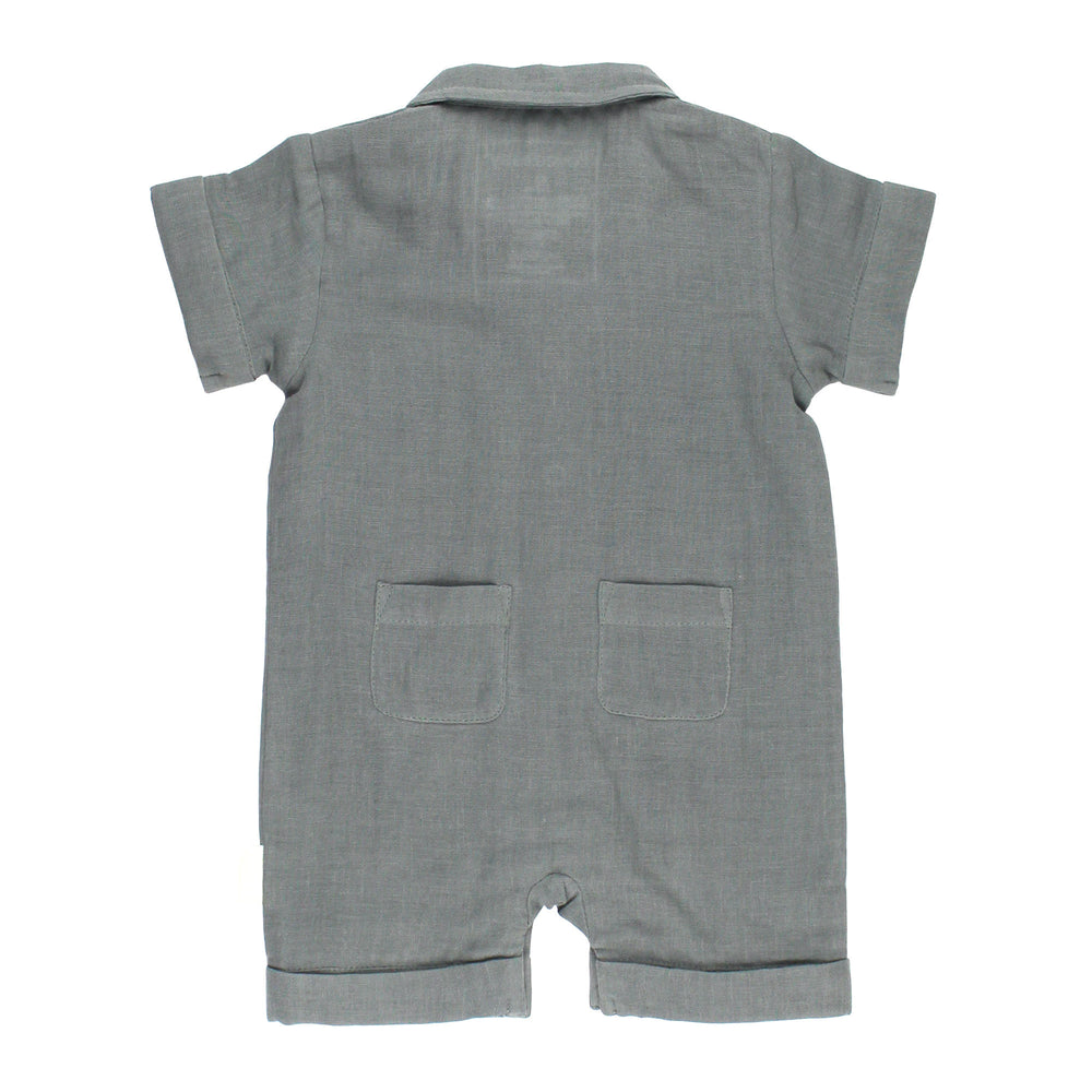 Back view of Organic Muslin S/Sleeve Coverall in Moonstone, a gray blue color.