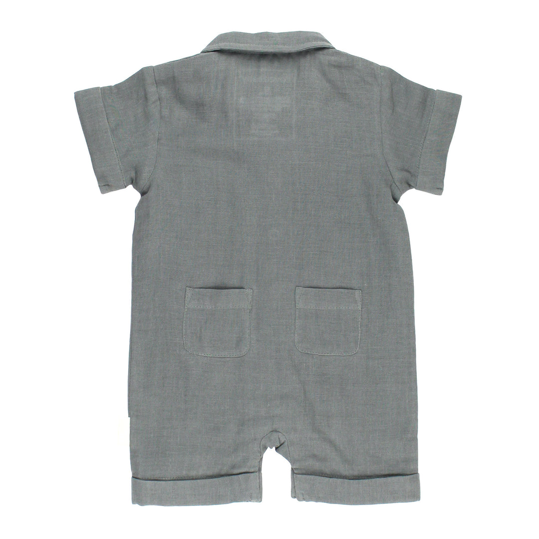Back view of Organic Muslin S/Sleeve Coverall in Moonstone, a gray blue color.