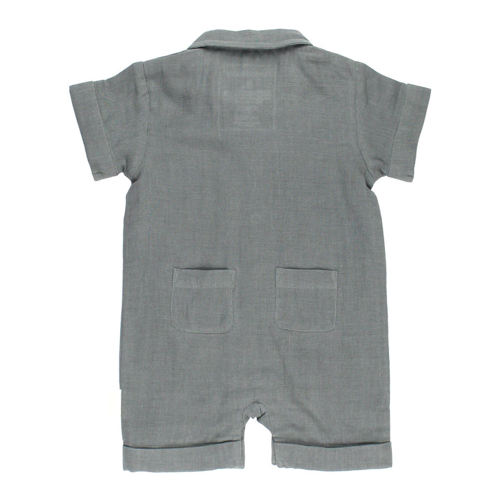 Back view of Organic Muslin S/Sleeve Coverall in Moonstone, a gray blue color.