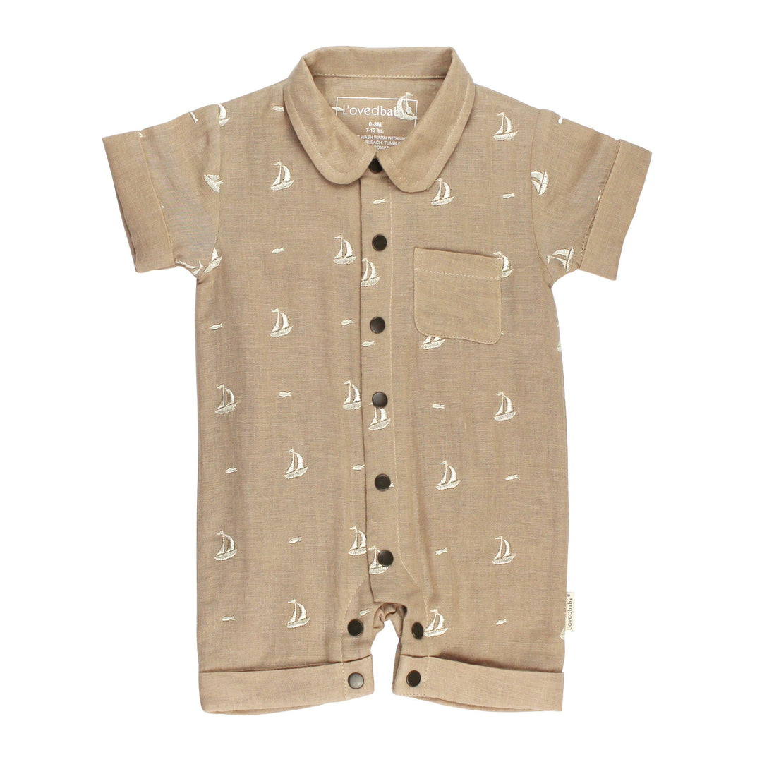 Organic Muslin S/Sleeve Coverall in Oatmeal Sailboat.