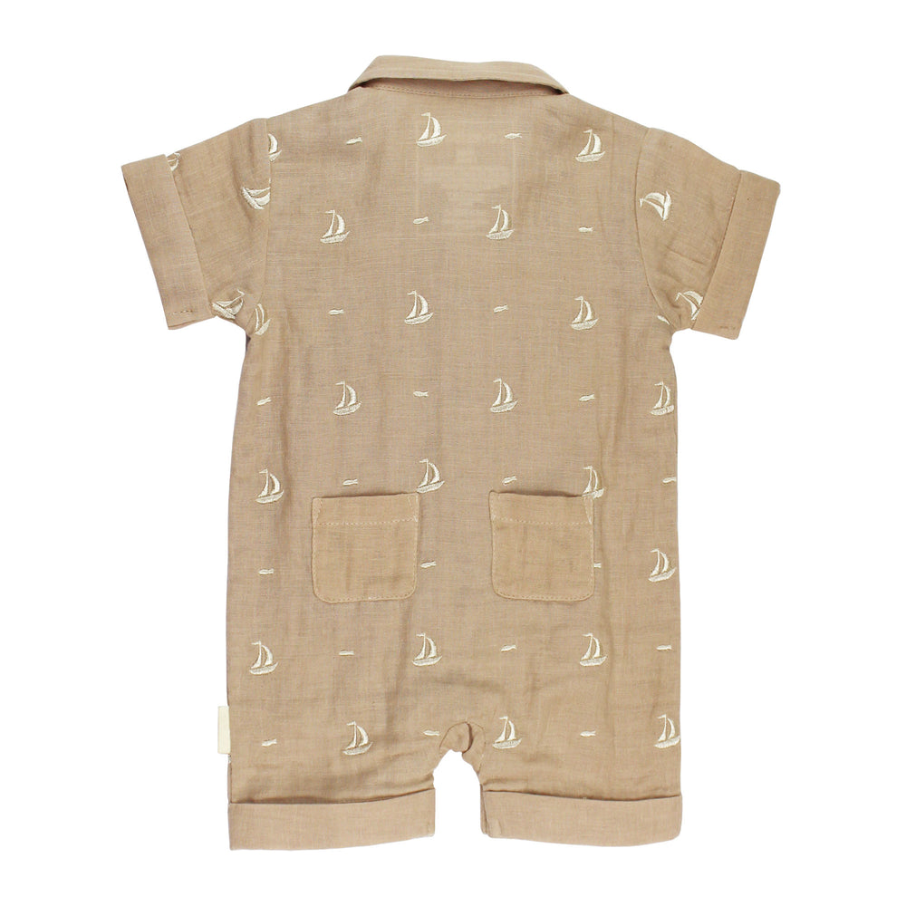 Back view of Organic Muslin S/Sleeve Coverall in Oatmeal Sailboat.