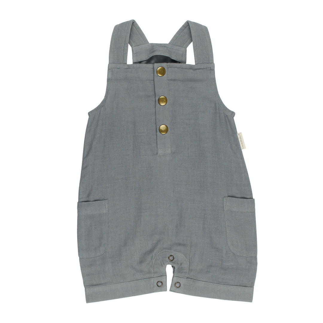 Organic Cuffed Muslin Overall in Moonstone, a gray blue color.