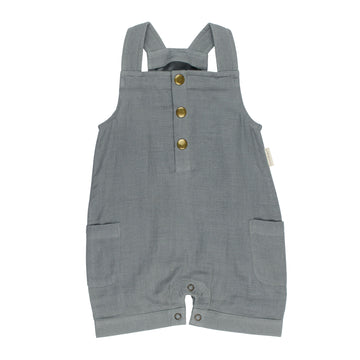 Organic Cuffed Muslin Overall in Moonstone, a gray blue color.