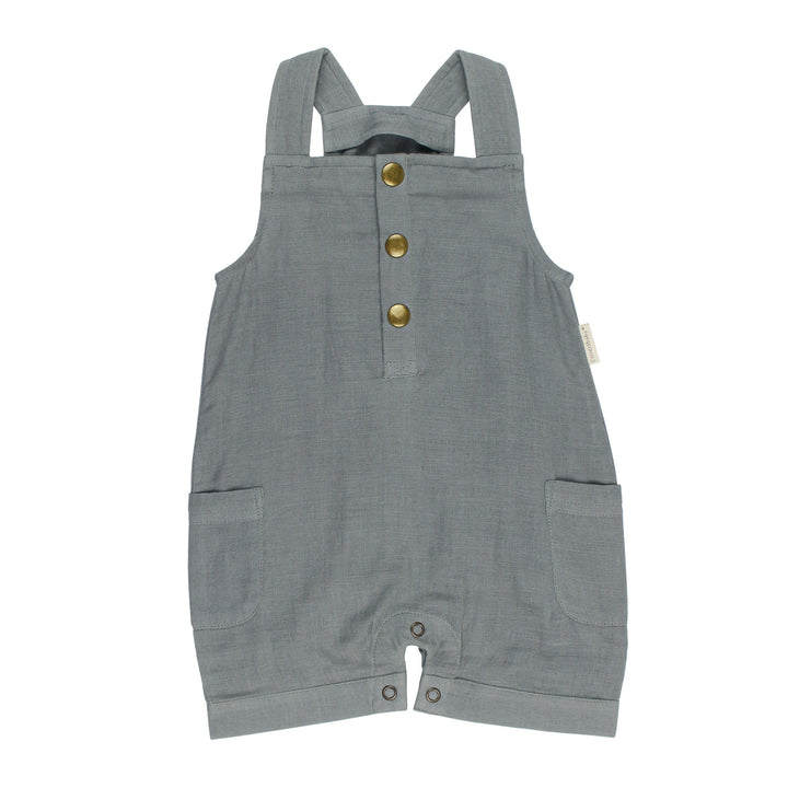 Organic Cuffed Muslin Overall in Moonstone, a gray blue color.