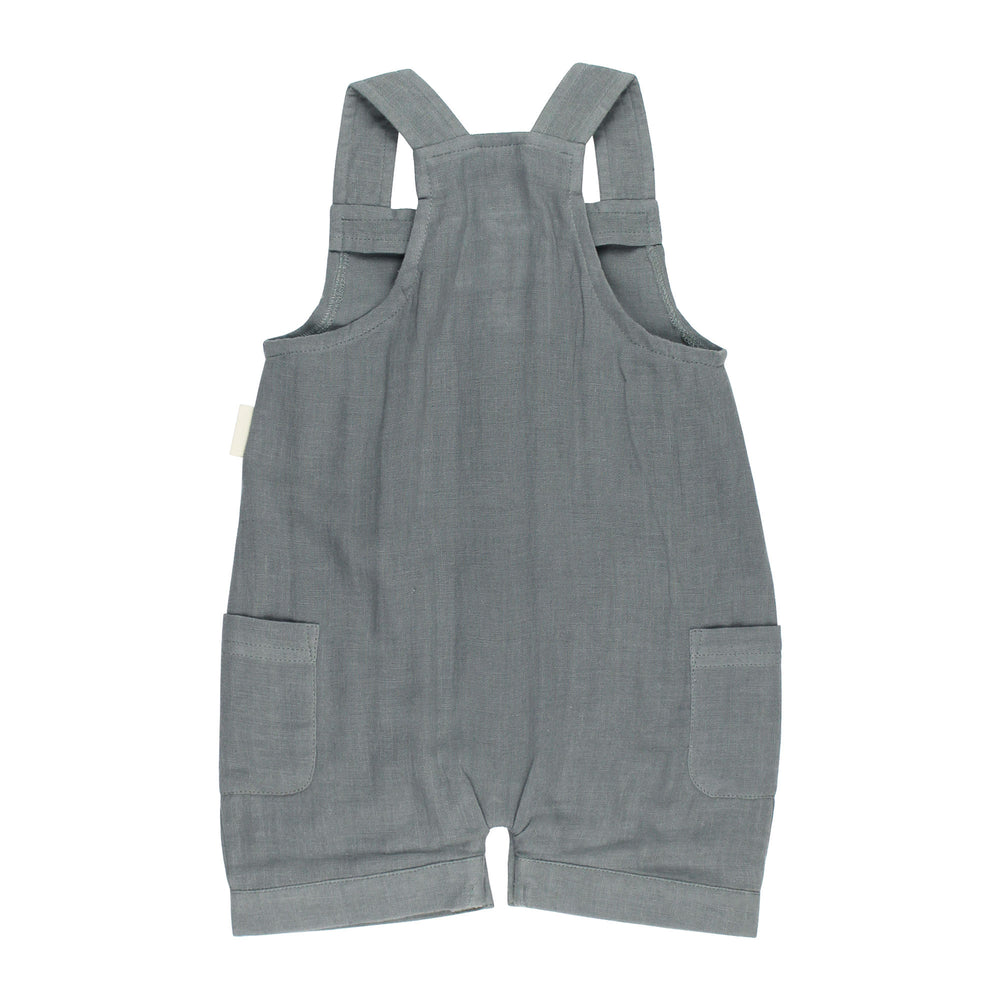 Back view of Organic Cuffed Muslin Overall in Moonstone, a gray blue color.