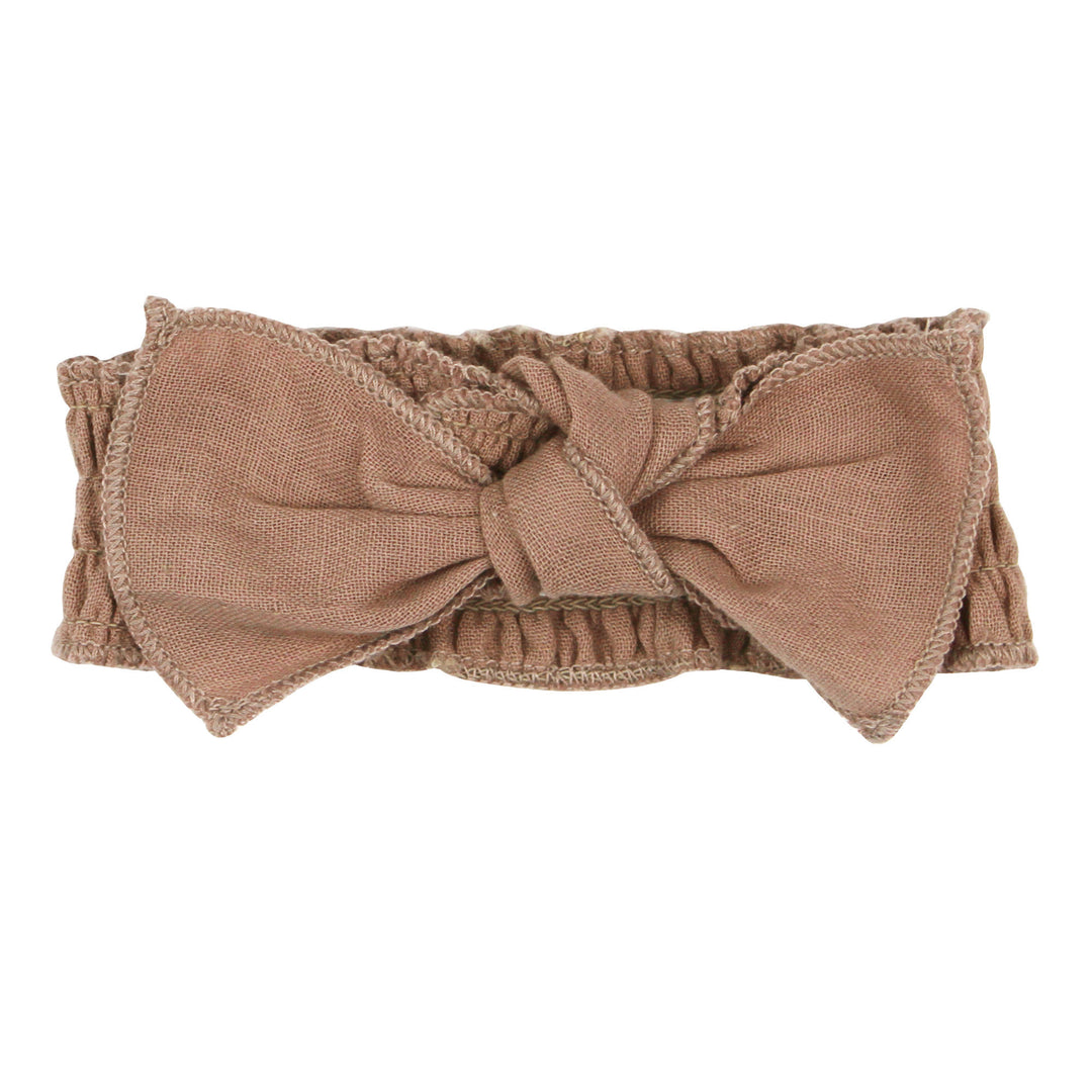 Organic Muslin Smocked Headband in Adobe, a tan clay color.