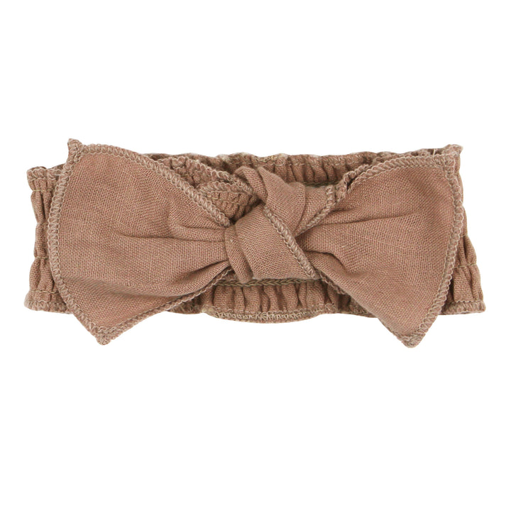 Organic Muslin Smocked Headband in Adobe, a tan clay color.