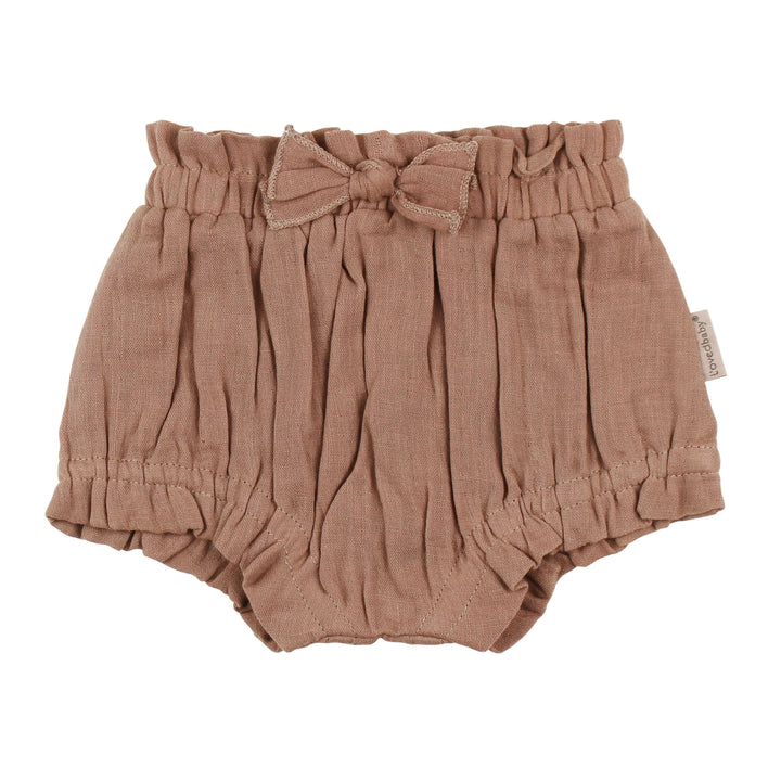 Organic Muslin Ruffle Bloomer in Adobe, a tan clay color.