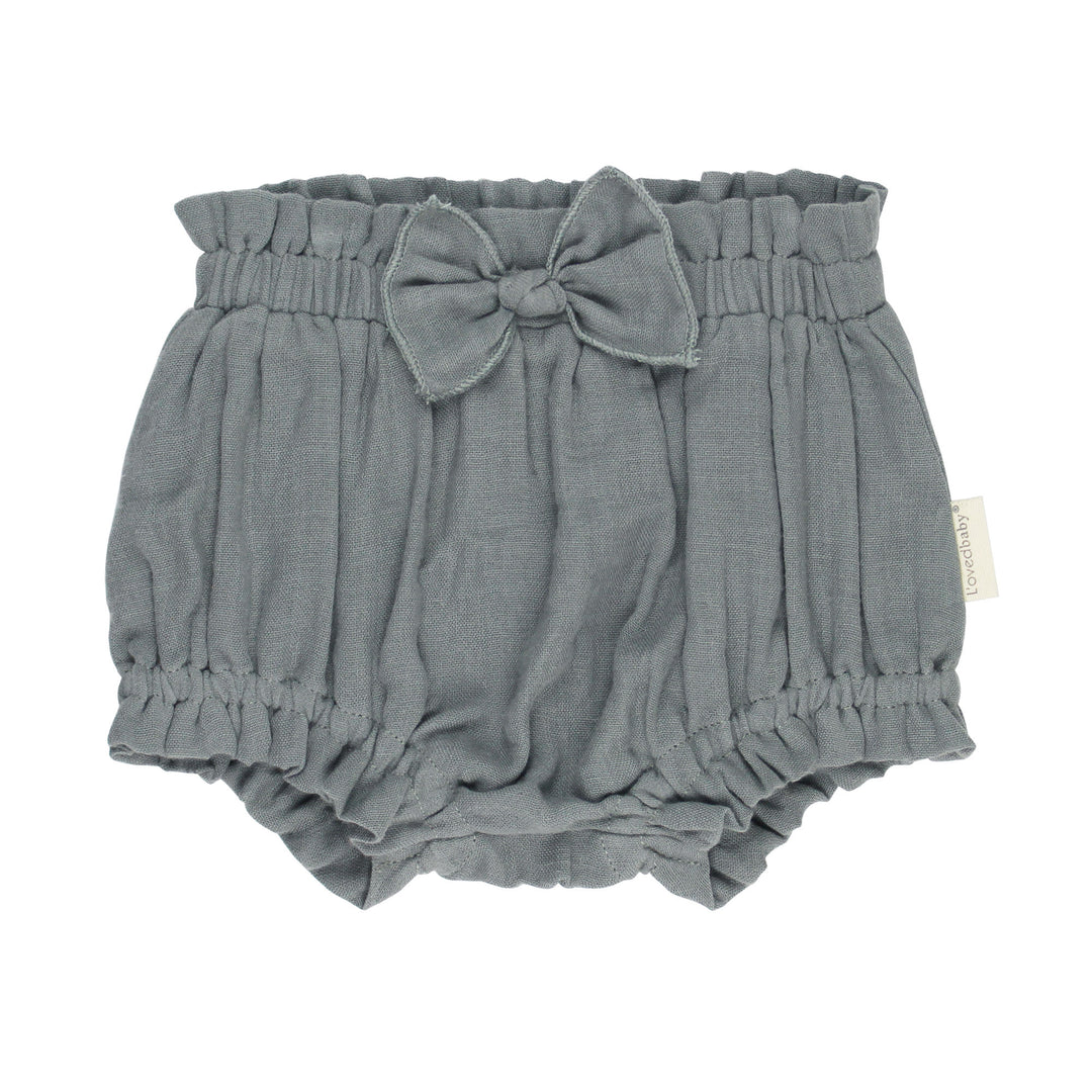 Organic Muslin Ruffle Bloomer in Moonstone, a gray blue color.