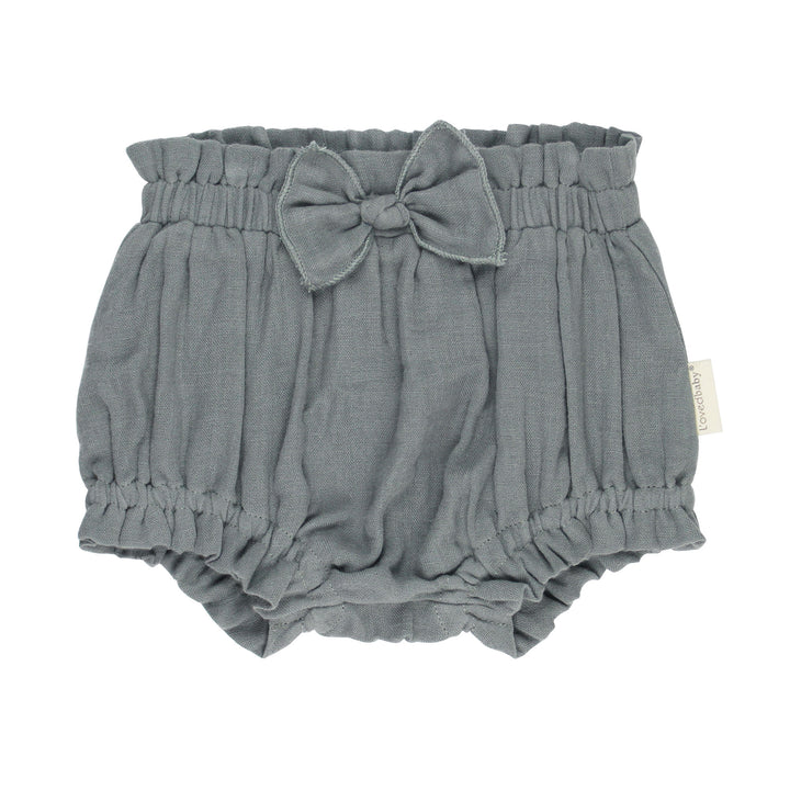 Organic Muslin Ruffle Bloomer in Moonstone, a gray blue color.