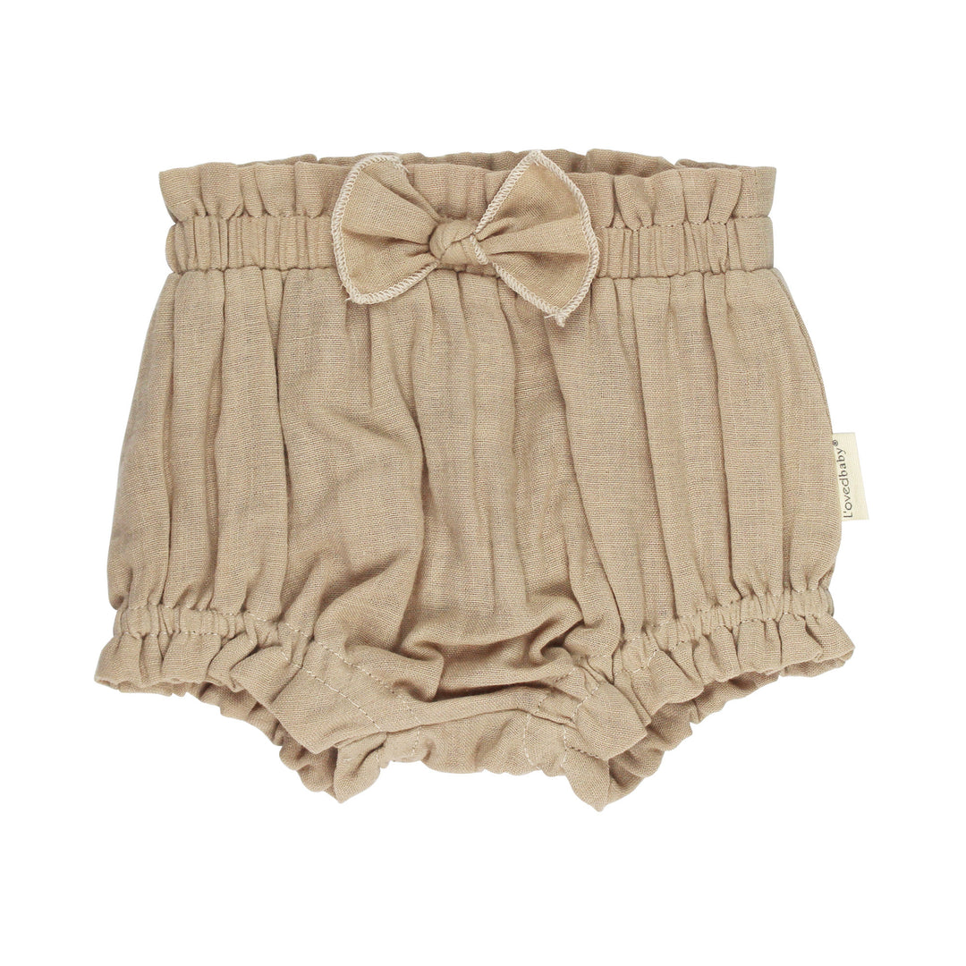Organic Muslin Ruffle Bloomer in Oatmeal, a light tan color.