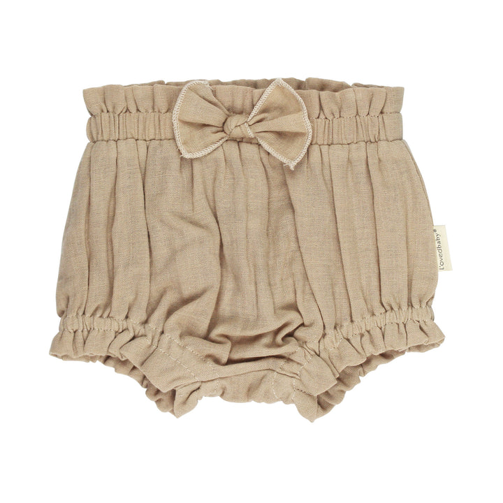 Organic Muslin Ruffle Bloomer in Oatmeal, a light tan color.