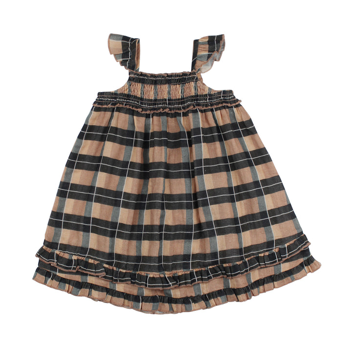 Organic Muslin Summer Dress in Adobe Chia Plaid.