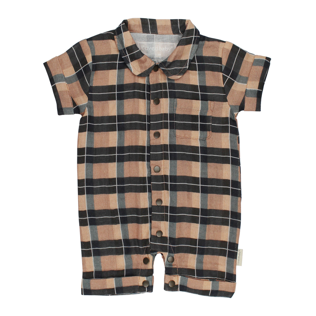Organic Muslin S/Sleeve Coverall in Adobe Chia Plaid.