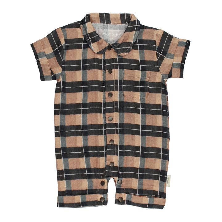 Organic Muslin S/Sleeve Coverall in Adobe Chia Plaid.