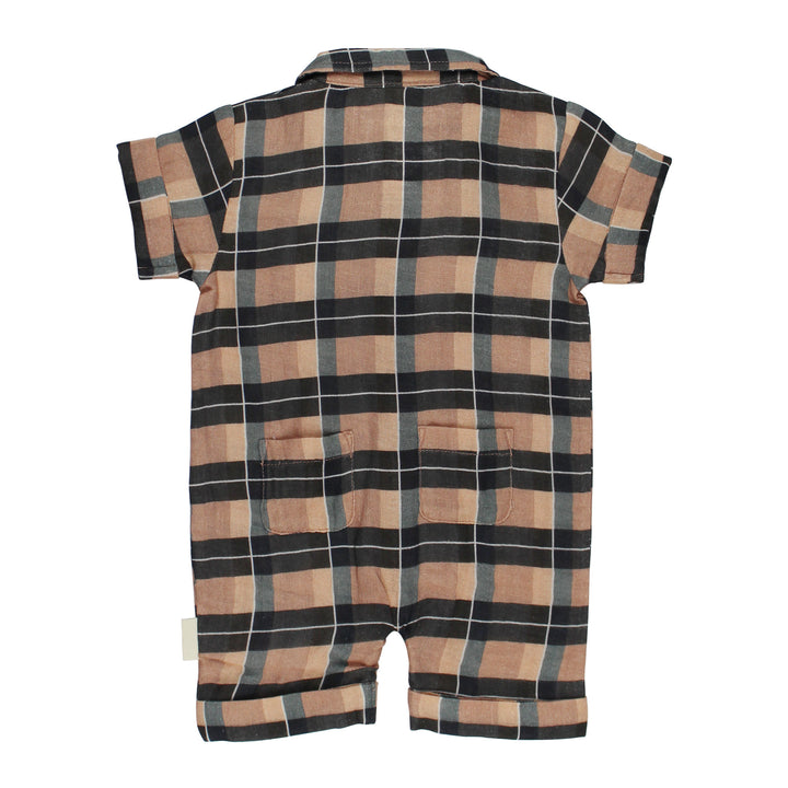 Back view of Organic Muslin S/Sleeve Coverall in Adobe Chia Plaid.