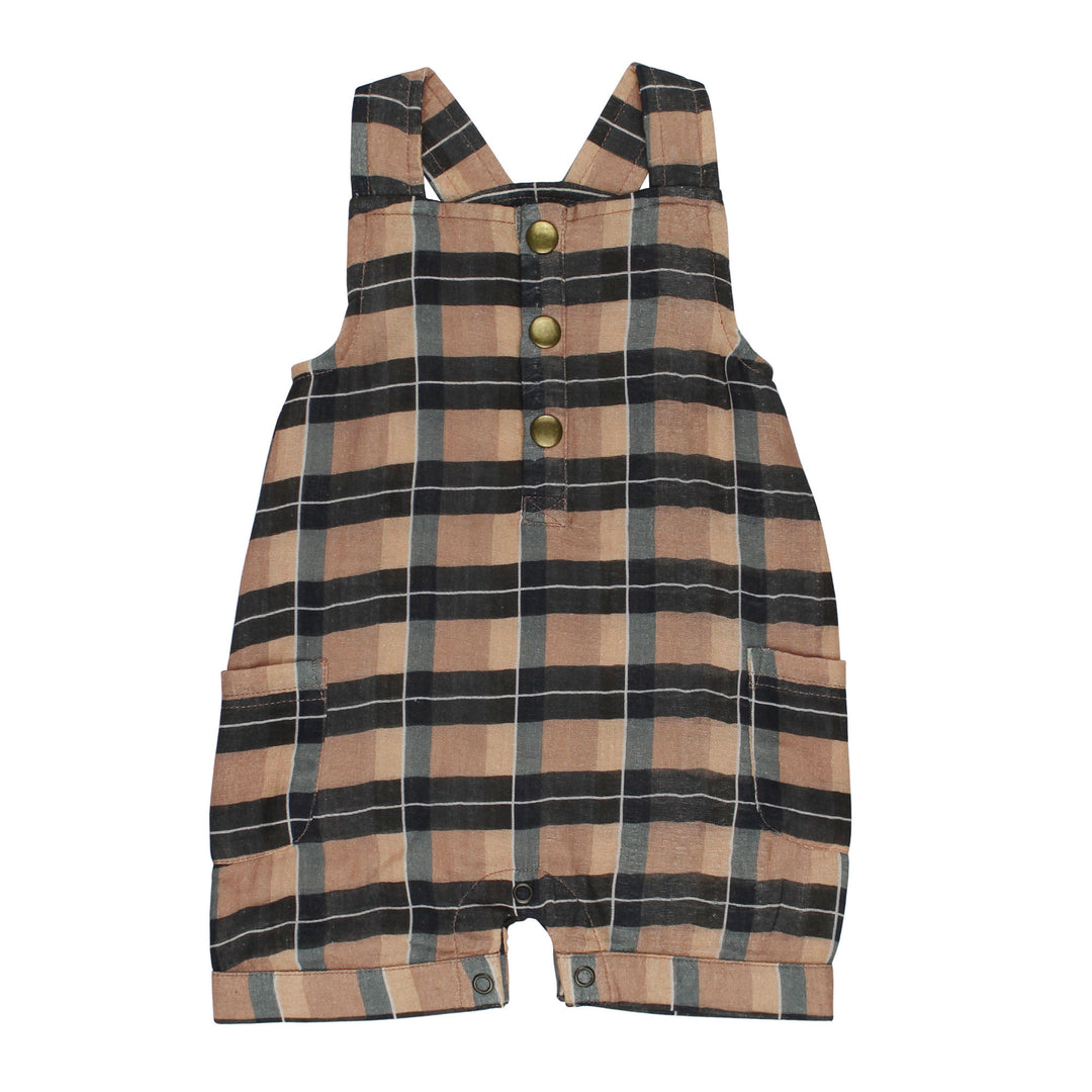 Organic Cuffed Muslin Overall in Adobe Chia Plaid.