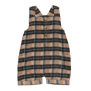 Organic Cuffed Muslin Overall in Adobe Chia Plaid.