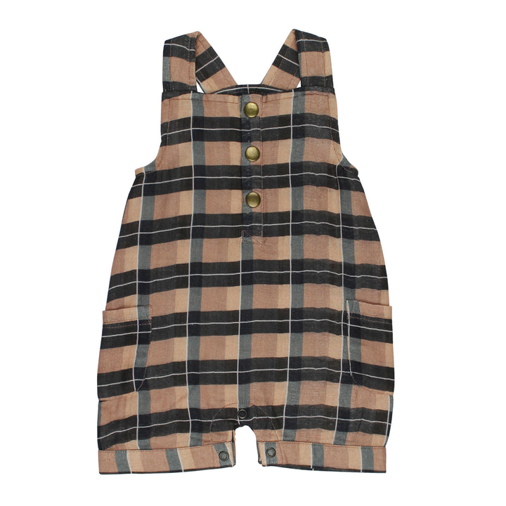 Organic Cuffed Muslin Overall in Adobe Chia Plaid.