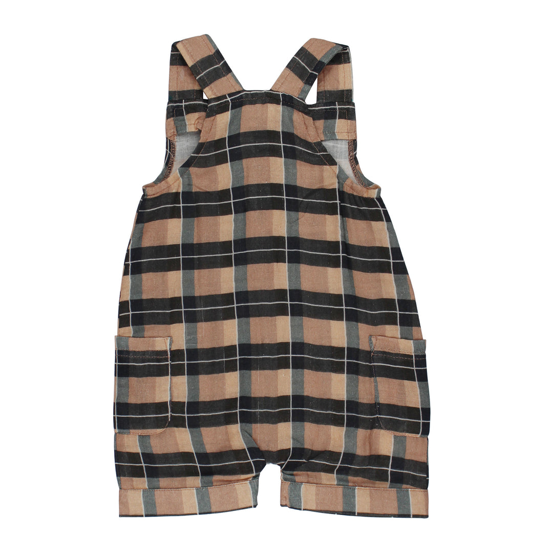 Back view of Organic Cuffed Muslin Overall in Adobe Chia Plaid.