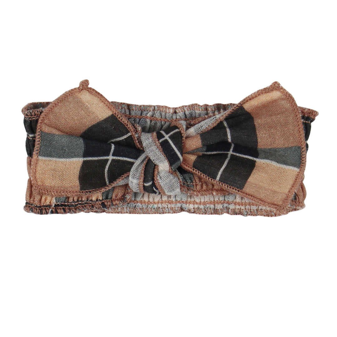 Organic Muslin Smocked Headband in Adobe Chia Plaid.