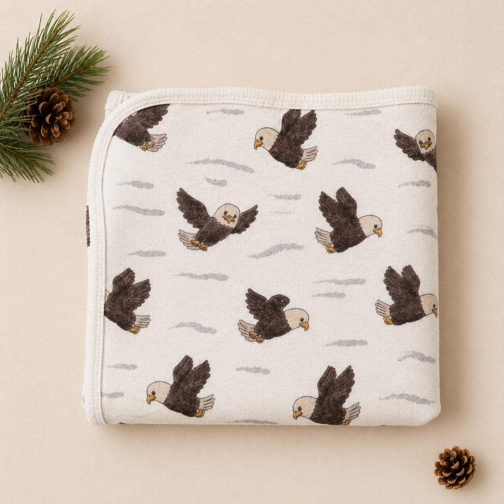 Child wearing Organic Blanket in Bald Eagle.