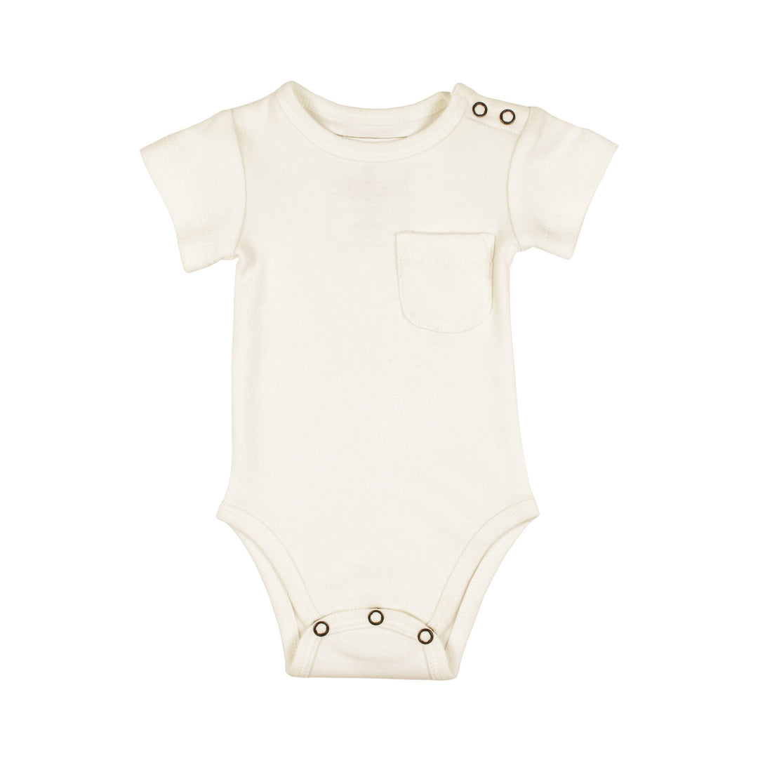 Organic Short-Sleeve Bodysuit in Buttercream, a light beige color.